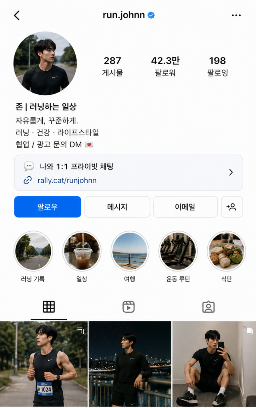 인스타그램 프로필에 '나와 1:1 프라이빗 채팅' RallyCat 링크를 배치한 예시 화면