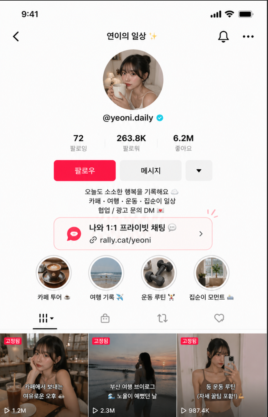 틱톡 프로필에 '나와 1:1 프라이빗 채팅' RallyCat 링크를 배치한 예시 화면